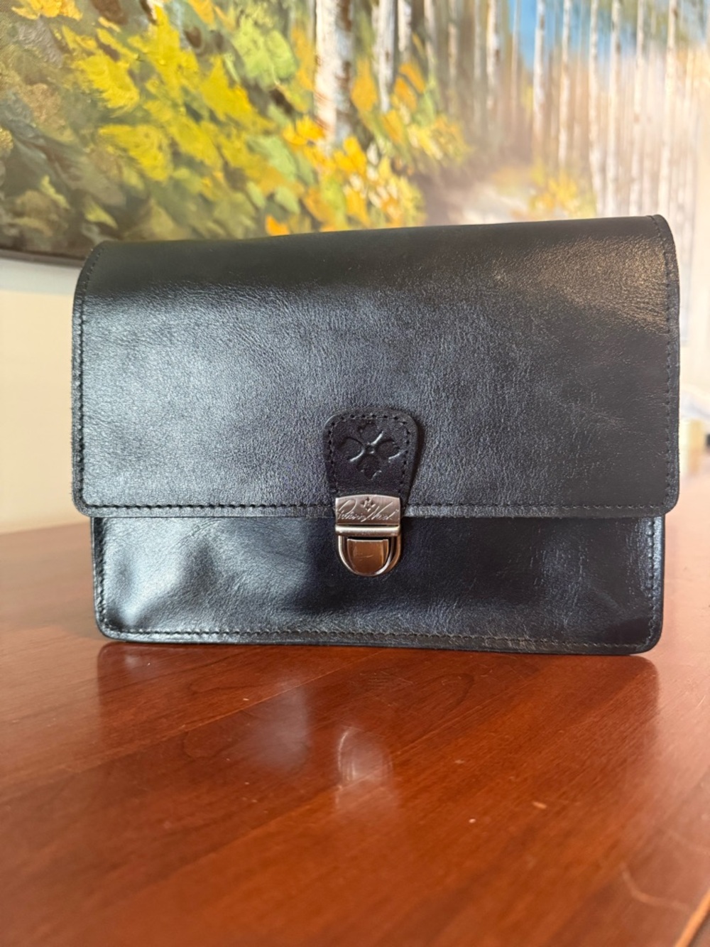 Patricia Nash Lanza Crossbody Clutch Black Leather Organizer Adjustable Strap